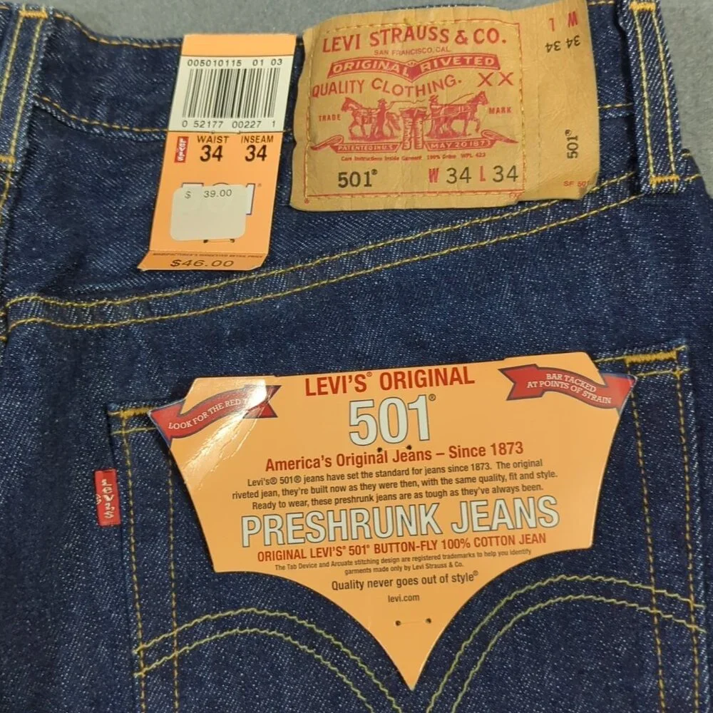 Levi's VTG Jeans Men's 34x34 Blue Deadstock 501 Straight Button Fly Denim Y2K